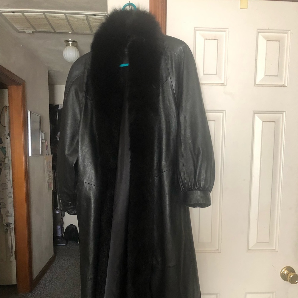 Genuine black leather coat with fox fur